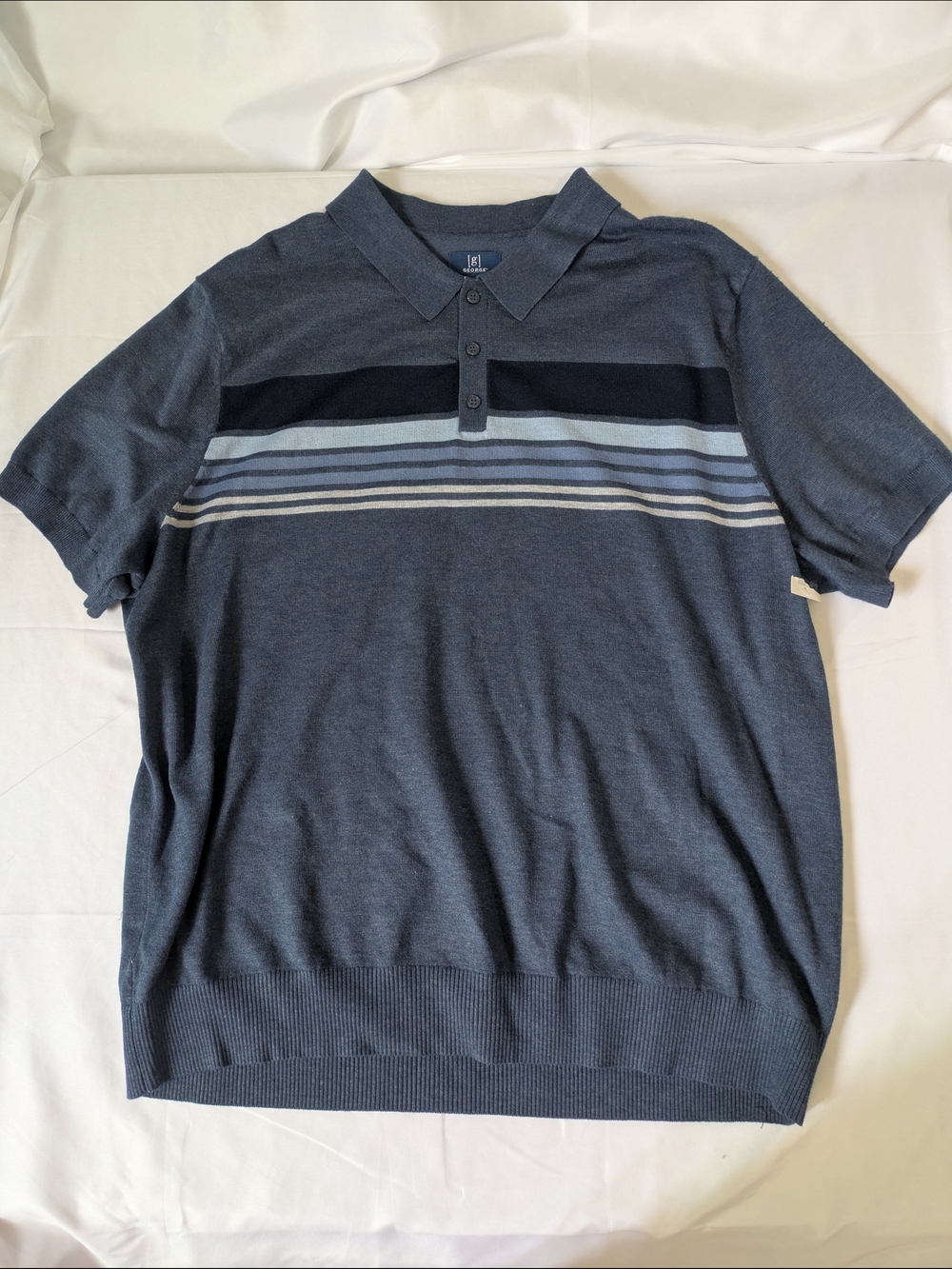 George Men's Short Sleeve Lightweight Sweater Polo - Navy & Light Blue Stripes